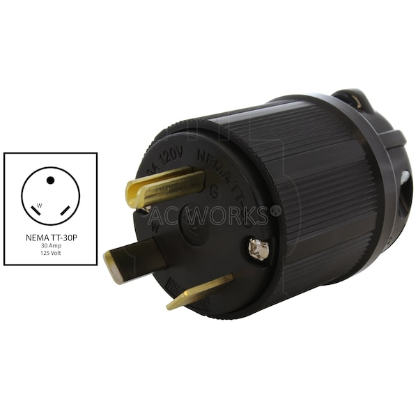 Ac Works 30 Amp 3-Prong RV Travel Trailer NEMA TT-30P Straight-Style Assembly Replacement Plug - ASTT30P-S