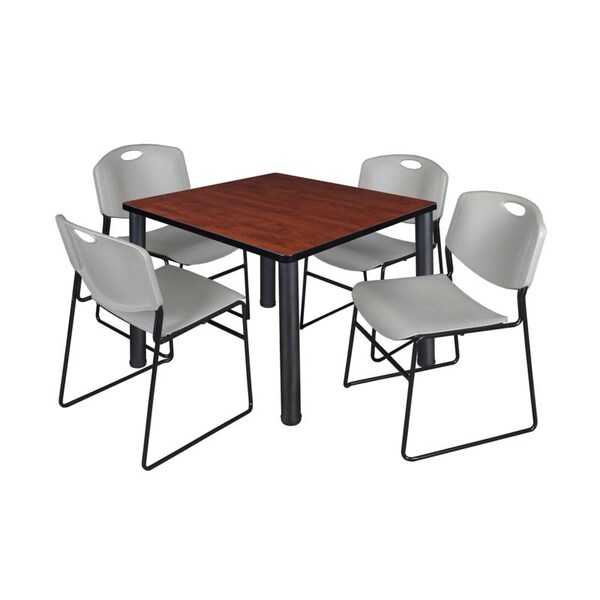 Kee/Zeng Square Cherry Table/4 Gray Chairs, Square, 42", 42" W, 29" H, Cherry - TB4242CHBPBK44GY