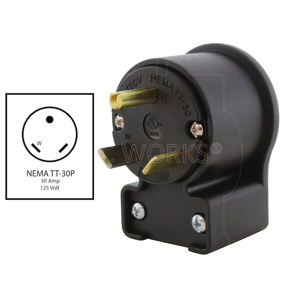 Ac Works 30 Amp 3-Prong RV Travel Trailer NEMA TT-30P Elbow-Style Assembly Replacement Plug - ASETT30P