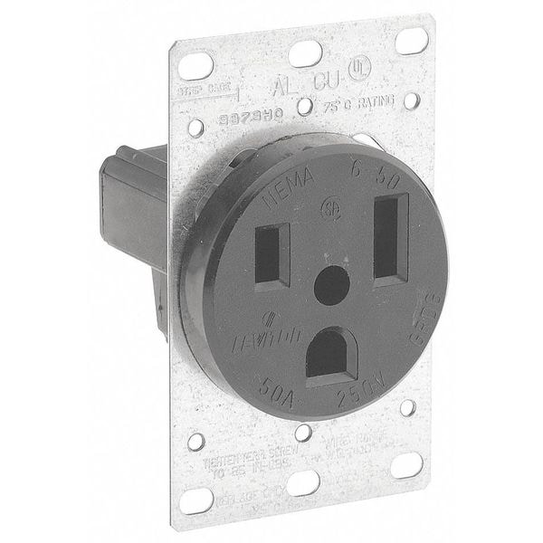 Leviton Receptacle, 50 A Amps, 250VAC, Flush Mount, Single Outlet, 6-50R, Black - 5374-S00