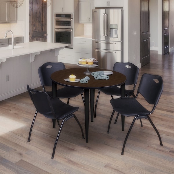 Regency Round Kahlo Breakroom Table W/ 4 M Stack Chairs, 42 in W, 42 in L, Neo Walnut - TPL42RNDNWBK47BK