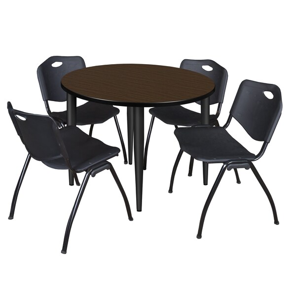 Regency Round Kahlo Breakroom Table W/ 4 M Stack Chairs, 42 in W, 42 in L, Neo Walnut - TPL42RNDNWBK47BK