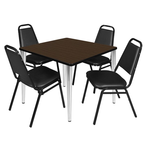 Regency Square Kahlo Breakroom Table W/ 4 Restaurant Stack Chairs, 42 in W, 42 in L, Neo Walnut - TPL4242NWCM29BK
