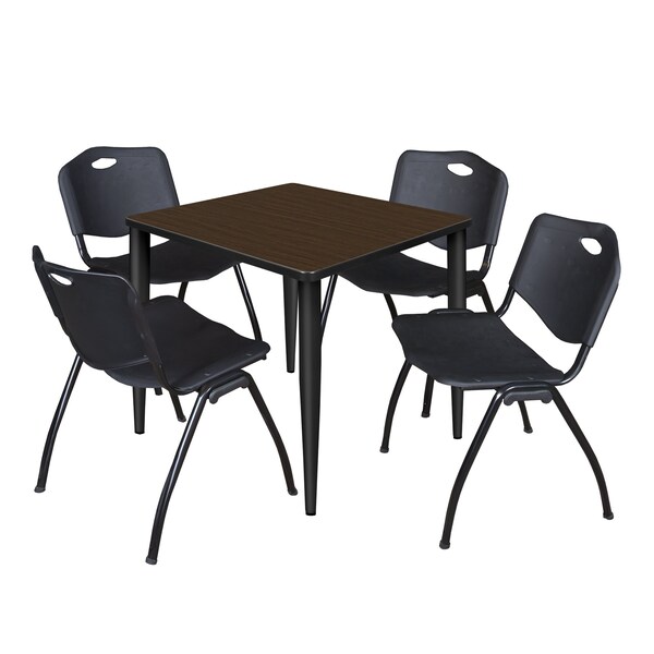 Regency Square Kahlo Breakroom Table W/ 4 M Stack Chairs, 30 in W, 30 in L, Neo Walnut - TPL3030NWBK47BK