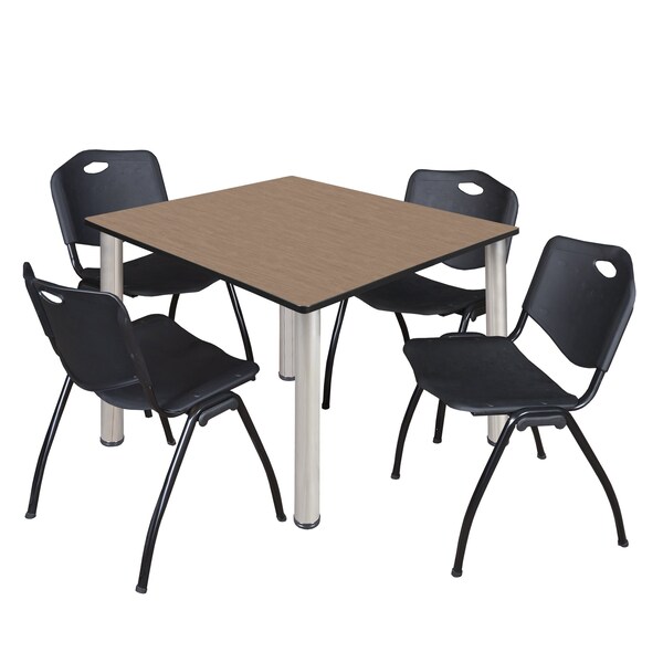 Regency Square Kee Breakroom Table W/ 4 M Stack Chairs, 48 in W, 48 in L, Noble Oak - TB4848NOBPCM47BK