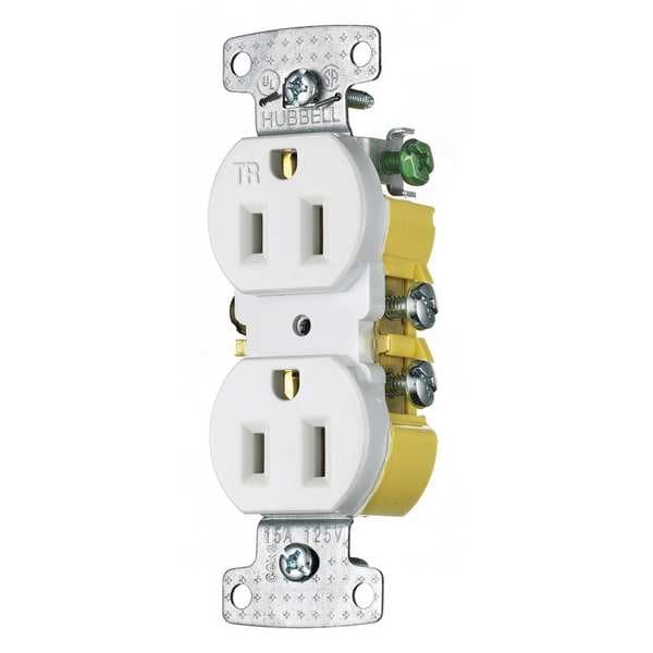 Hubbell Receptacle, 15 A Amps, 125V AC, Flush Mount, Standard Duplex Outlet, 5-15R, White - RR15SWTR
