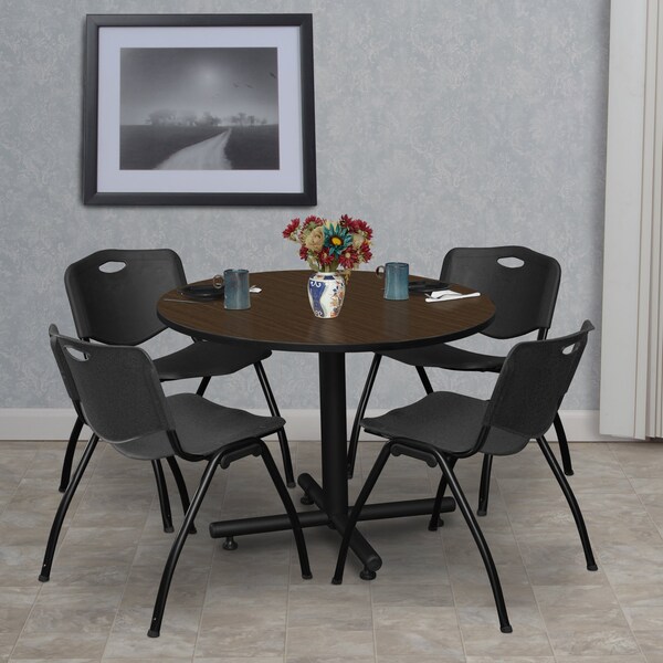 Regency Round Kobe Breakroom Table W/ 4 M Stack Chairs, 36 in W, 36 in L, Neo Walnut - TKB36RNDNW47BK