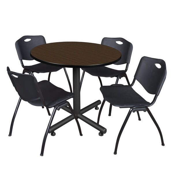 Regency Round Kobe Breakroom Table W/ 4 M Stack Chairs, 36 in W, 36 in L, Neo Walnut - TKB36RNDNW47BK