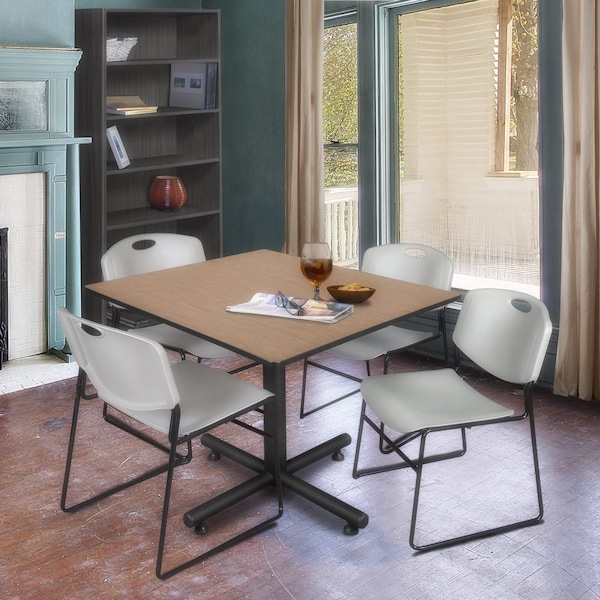 Regency Square Kobe Breakroom Table W/ 4 Zeng Stack Chairs, 48 in W, 48 in L, Noble Oak - TKB4848NO44GY