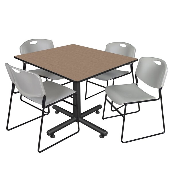 Regency Square Kobe Breakroom Table W/ 4 Zeng Stack Chairs, 48 in W, 48 in L, Noble Oak - TKB4848NO44GY