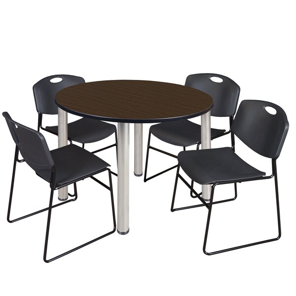 Regency Round Kee Breakroom Table W/ 4 Zeng Stack Chairs, 48 in W, 48 in L, Neo Walnut - TB48RNDNWBPCM44BK