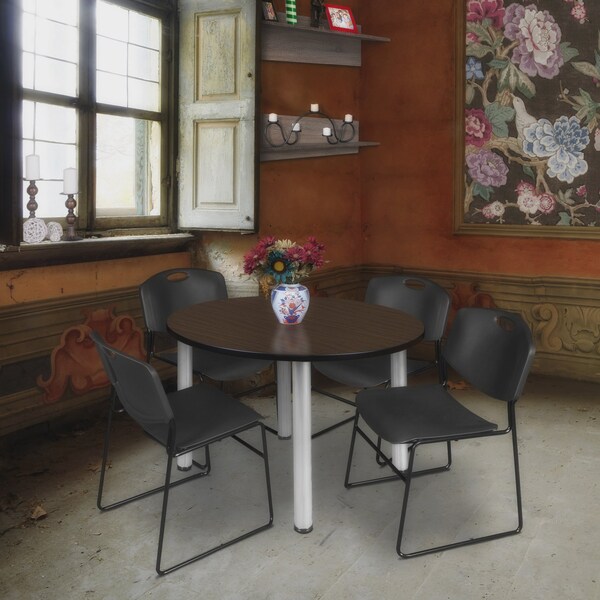 Regency Round Kee Breakroom Table W/ 4 Zeng Stack Chairs, 48 in W, 48 in L, Neo Walnut - TB48RNDNWBPCM44BK