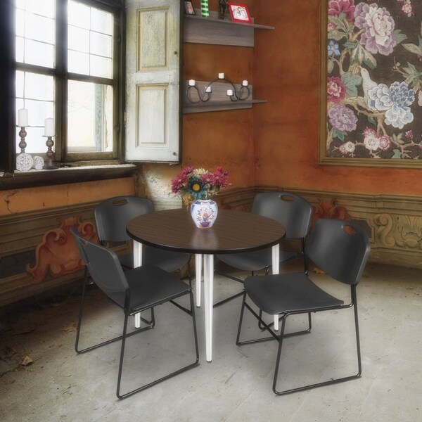 Regency Round Kahlo Breakroom Table W/ 4 Zeng Stack Chairs, 42 in W, 42 in L, Neo Walnut - TPL42RNDNWCM44BK