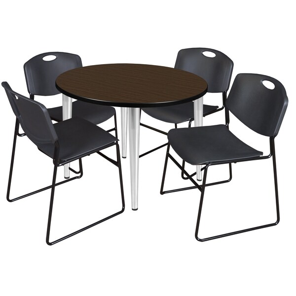 Regency Round Kahlo Breakroom Table W/ 4 Zeng Stack Chairs, 42 in W, 42 in L, Neo Walnut - TPL42RNDNWCM44BK