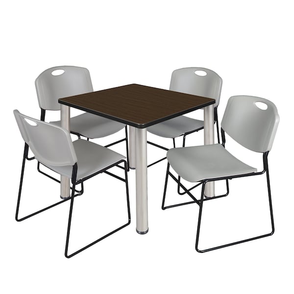 Regency Square Kee Breakroom Table W/ 4 Zeng Stack Chairs, 30 in W, 30 in L, Neo Walnut - TB3030NWBPCM44GY