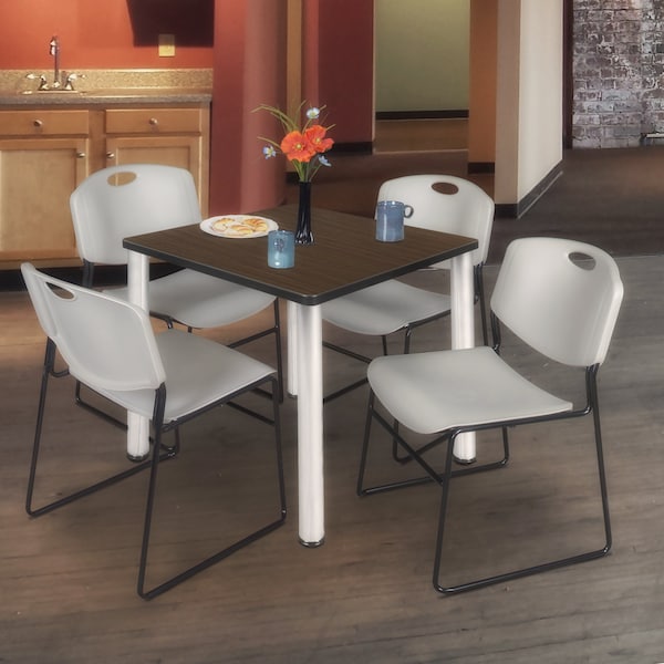 Regency Square Kee Breakroom Table W/ 4 Zeng Stack Chairs, 30 in W, 30 in L, Neo Walnut - TB3030NWBPCM44GY