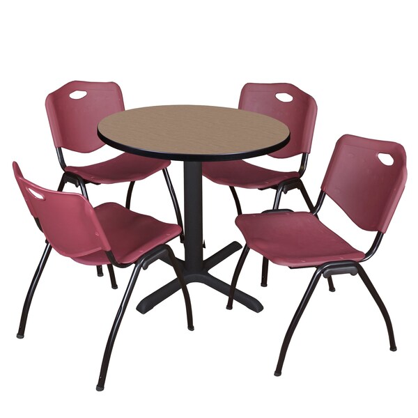 Regency Round Cain Breakroom Table W/ 4 M Stack Chairs, 30 in W, 30 in L, Noble Oak - TB30RNDNO47BY