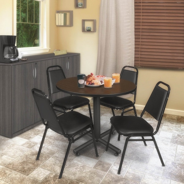 Regency Round Kobe Breakroom Table W/ 4 Restaurant Stack Chairs, 42 in W, 42 in L, Neo Walnut - TKB42RNDNW29BK