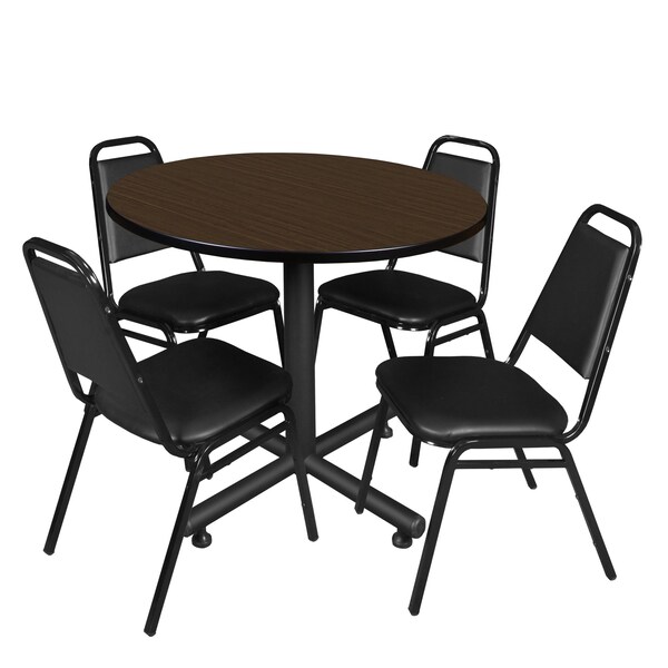 Regency Round Kobe Breakroom Table W/ 4 Restaurant Stack Chairs, 42 in W, 42 in L, Neo Walnut - TKB42RNDNW29BK