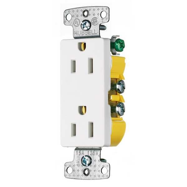 Hubbell Receptacle, 15 A Amps, 125V AC, Flush Mount, Decorator Duplex Outlet, 5-15R, White - RRD15W