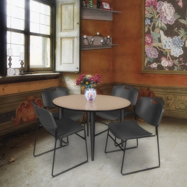 Regency Round Kahlo Breakroom Table W/ 4 Zeng Stack Chairs, 48 in W, 48 in L, Noble Oak - TPL48RNDNOBK44BK