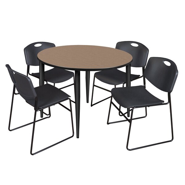 Regency Round Kahlo Breakroom Table W/ 4 Zeng Stack Chairs, 48 in W, 48 in L, Noble Oak - TPL48RNDNOBK44BK