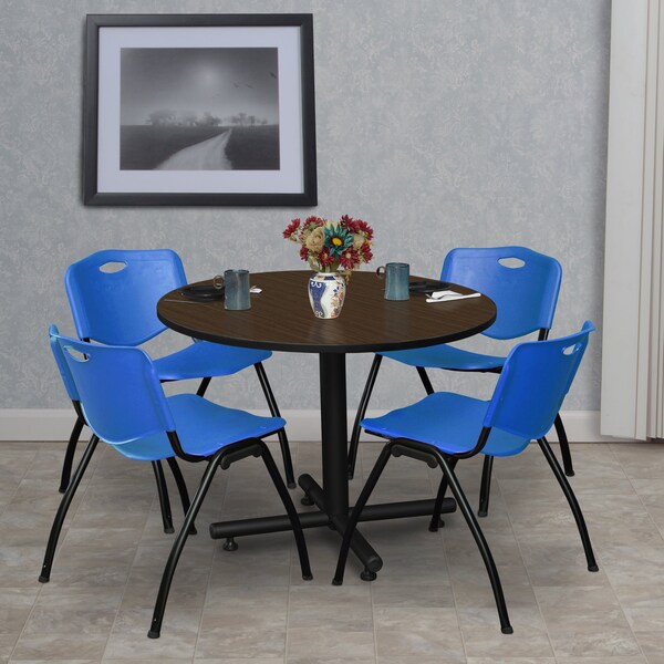 Regency Round Kobe Breakroom Table W/ 4 M Stack Chairs, 36 in W, 36 in L, Neo Walnut - TKB36RNDNW47BE