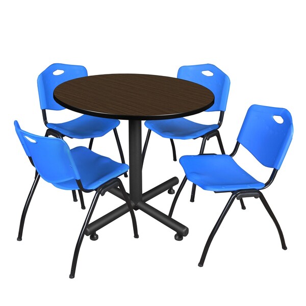 Regency Round Kobe Breakroom Table W/ 4 M Stack Chairs, 36 in W, 36 in L, Neo Walnut - TKB36RNDNW47BE