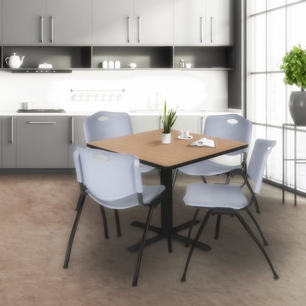 Regency Square Cain Breakroom Table W/ 4 M Stack Chairs, 48 in W, 48 in L, Noble Oak - TB4848NO47GY