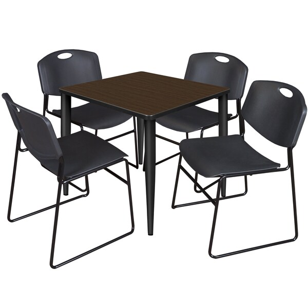 Regency Square Kahlo Breakroom Table W/ 4 Zeng Stack Chairs, 30 in W, 30 in L, Neo Walnut - TPL3030NWBK44BK
