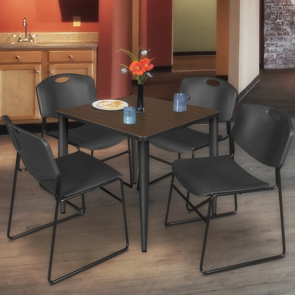 Regency Square Kahlo Breakroom Table W/ 4 Zeng Stack Chairs, 30 in W, 30 in L, Neo Walnut - TPL3030NWBK44BK
