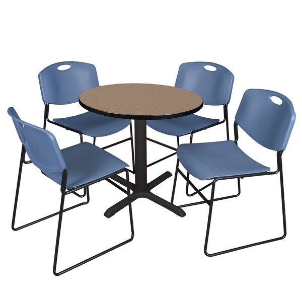 Regency Round Cain Breakroom Table W/ 4 Zeng Stack Chairs, 30 in W, 30 in L, Noble Oak - TB30RNDNO44BE