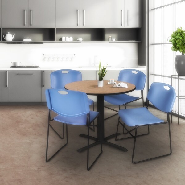 Regency Round Cain Breakroom Table W/ 4 Zeng Stack Chairs, 30 in W, 30 in L, Noble Oak - TB30RNDNO44BE