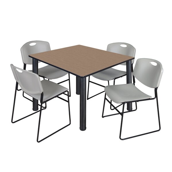 Regency Square Kee Breakroom Table W/ 4 Zeng Stack Chairs, 48 in W, 48 in L, Noble Oak - TB4848NOBPBK44GY