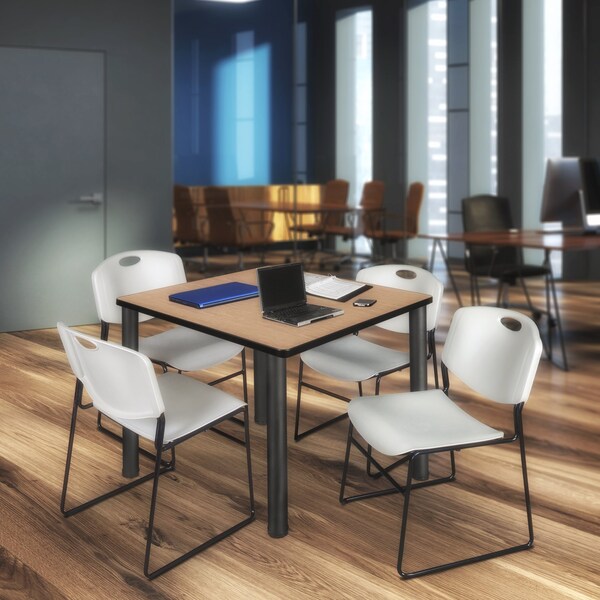 Regency Square Kee Breakroom Table W/ 4 Zeng Stack Chairs, 48 in W, 48 in L, Noble Oak - TB4848NOBPBK44GY