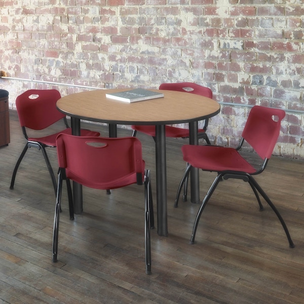 Regency Round Kee Breakroom Table W/ 4 M Stack Chairs, 48 in W, 48 in L, Noble Oak - TB48RNDNOBPBK47BY