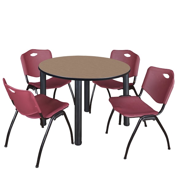 Regency Round Kee Breakroom Table W/ 4 M Stack Chairs, 48 in W, 48 in L, Noble Oak - TB48RNDNOBPBK47BY