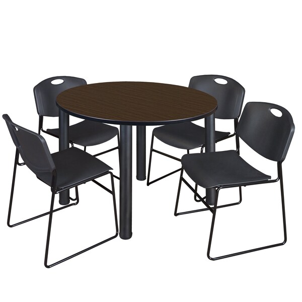 Regency Round Kee Breakroom Table W/ 4 Zeng Stack Chairs, 42 in W, 42 in L, Neo Walnut - TB42RNDNWBPBK44BK