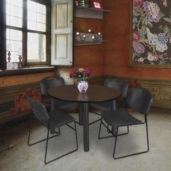 Regency Round Kee Breakroom Table W/ 4 Zeng Stack Chairs, 42 in W, 42 in L, Neo Walnut - TB42RNDNWBPBK44BK
