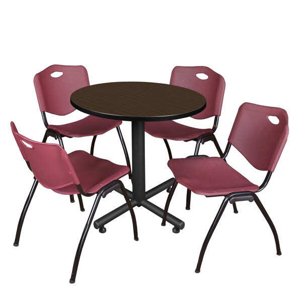 Regency Round Kobe Breakroom Table W/ 4 M Stack Chairs, 30 in W, 30 in L, Neo Walnut - TKB30RNDNW47BY