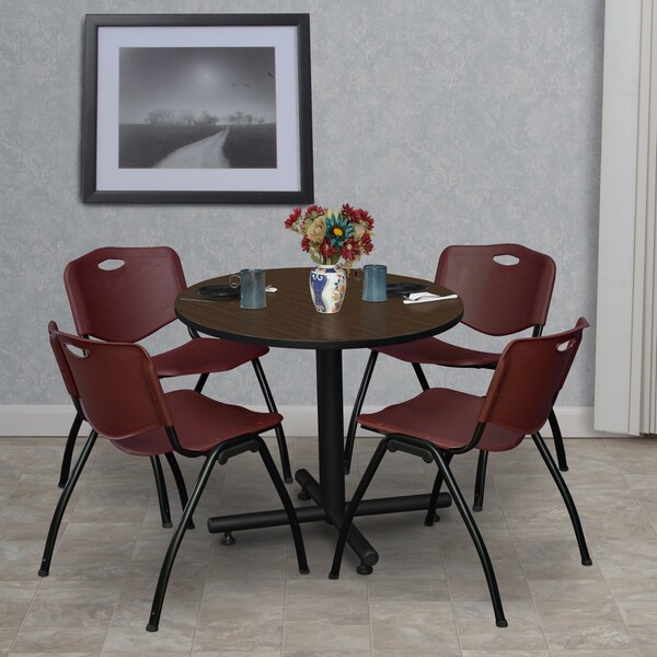 Regency Round Kobe Breakroom Table W/ 4 M Stack Chairs, 30 in W, 30 in L, Neo Walnut - TKB30RNDNW47BY