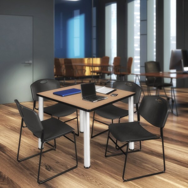 Regency Square Kee Breakroom Table W/ 4 Zeng Stack Chairs, 42 in W, 42 in L, Noble Oak - TB4242NOBPCM44BK