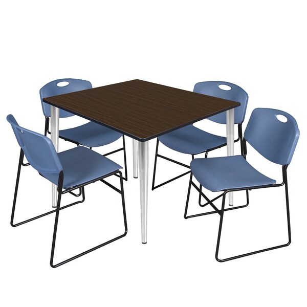 Regency Square Kahlo Breakroom Table W/ 4 Zeng Stack Chairs, 48 in W, 48 in L, Neo Walnut - TPL4848NWCM44BE