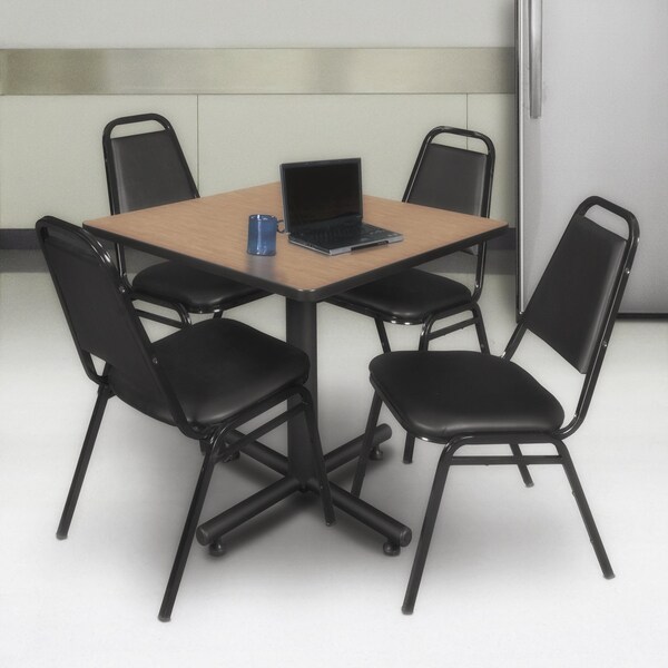 Regency Square Kobe Breakroom Table W/ 4 Restaurant Stack Chairs, 30 in W, 30 in L, Neo Walnut - TKB3030NW29BK