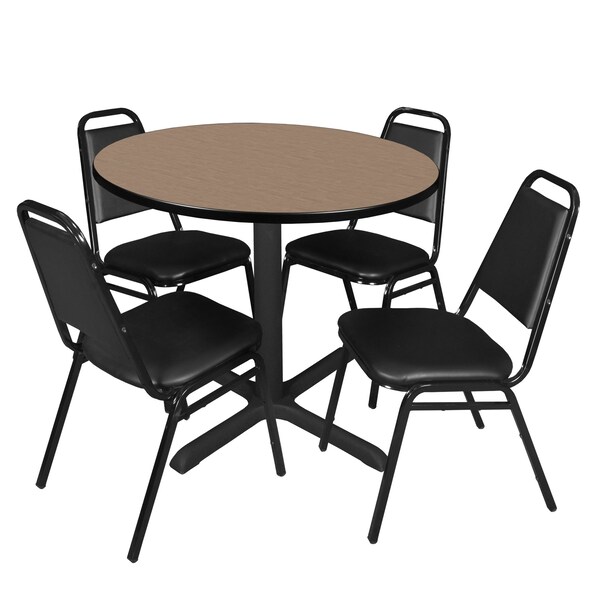 Regency Round Cain Breakroom Table W/ 4 Restaurant Stack Chairs, 42 in W, 42 in L, Noble Oak - TB42RNDNO29BK