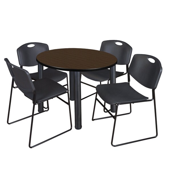 Regency Round Kee Breakroom Table W/ 4 Zeng Stack Chairs, 36 in W, 36 in L, Neo Walnut - TB36RNDNWBPBK44BK