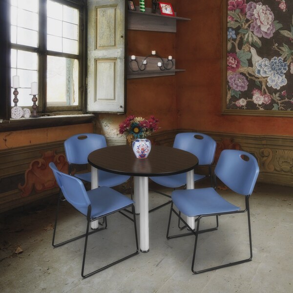 Regency Round Kee Breakroom Table W/ 4 Zeng Stack Chairs, 36 in W, 36 in L, Neo Walnut - TB36RNDNWBPCM44BE