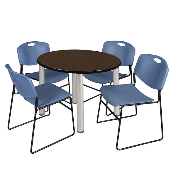 Regency Round Kee Breakroom Table W/ 4 Zeng Stack Chairs, 36 in W, 36 in L, Neo Walnut - TB36RNDNWBPCM44BE
