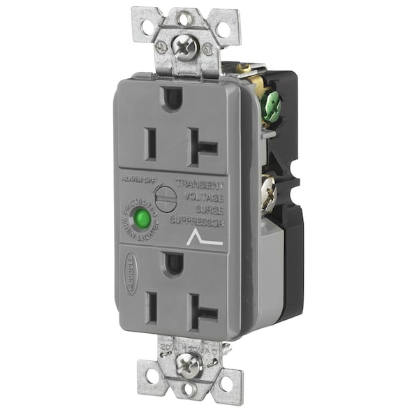 Hubbell Wiring Device-Kellems Surge Protective Devices, SPIKESHIELD TVSS Duplex Receptacle with Light and Alarm, 20A 125V, 5-20R, Gray - HBL5362GYSA