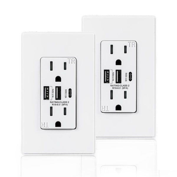 Coby USB Wall Outlet Dual High Speed 6.0 Amp USB Ports with Smart Chip, USB Type C Port, Pack of 2 - CBDE02W